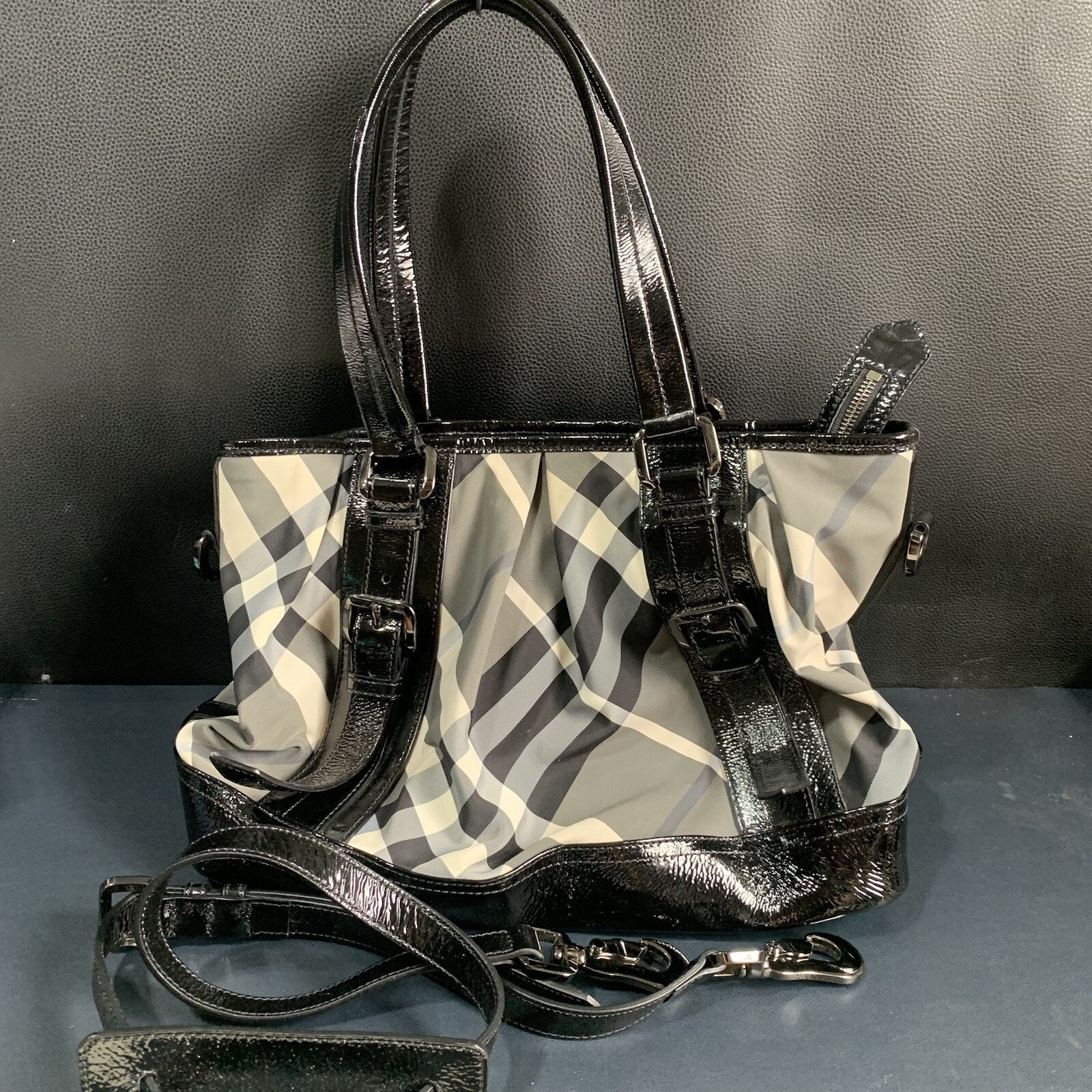 Burberry Black/Gray Check Nylon & Patent Leather Lowry Tote, W/ Adjustable Strap